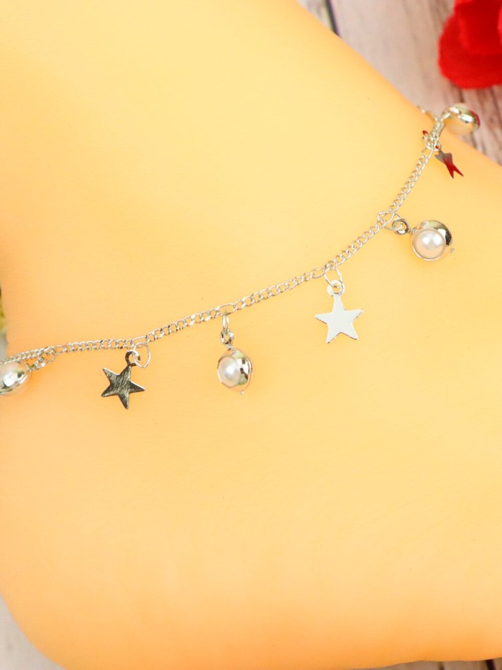 925 Silver Plated Star Dangle Anklet Pearl Celestial Charm Jewelry | WALRCN110